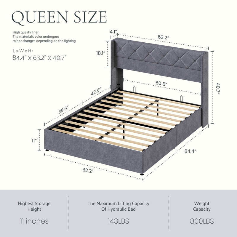 Hydraulic Lift Up Storage Upholstered Platform Bed, Queen