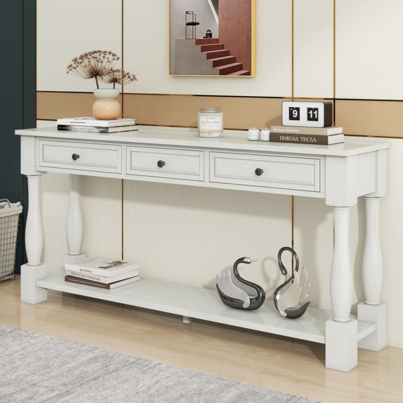 Console longue de 63 po avec tiroirs et tablette Aazim, Blanc antique