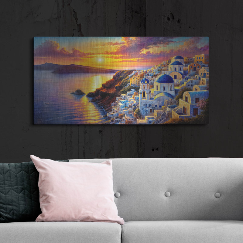 «Santorini Painted Sunset» par Rey Klimt, art mural en métal, H 24 po x l 48 po