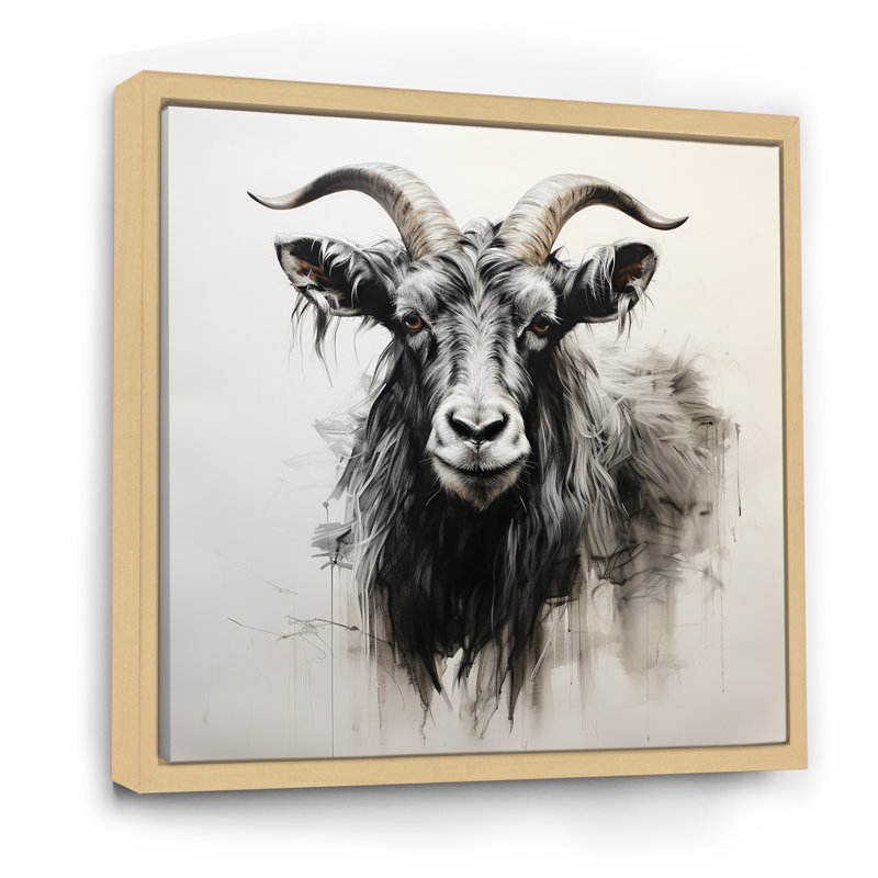 «I Black Charcoal Goat Portrait I», art mural animal de chèvre, Cadre flottant brun, H 16 po x l 16 po x P 1 po