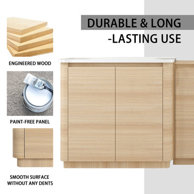 92'' Freestanding Bathroom Vanity with White Ceramic Sink, and 1-Small Storage Cabinet, Soft-Close Door, American White Oak, Plywood (KD-Packing)