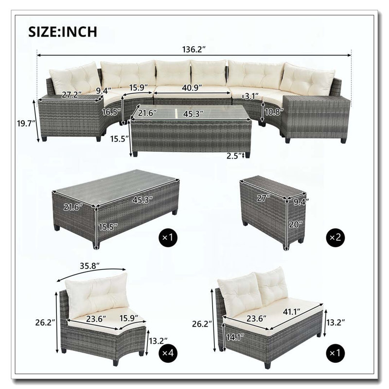 Ensemble de 8 chaises d'extérieur rondes en osier, Beige
