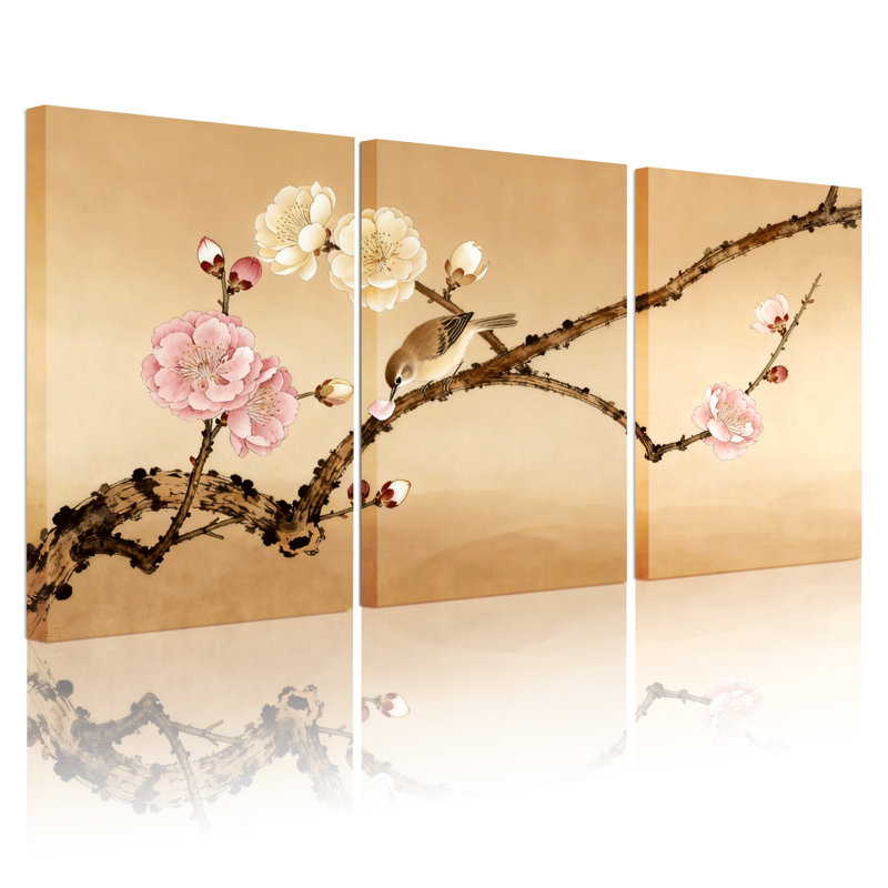«Birds Flower Bird Branch», ensemble de 3 impressions sur toile, H 24 po x l 48 po