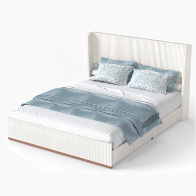 Base de lit tapissier en velours côtelé de grande taille avec tête de lit à oreilles de luxe de 47 pouces - Crème