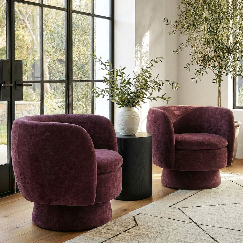 31" Wide Upholstered Swivel Barrel Accent ArmChair - 360° Rotation (2-Pack), Wine, Set of 2