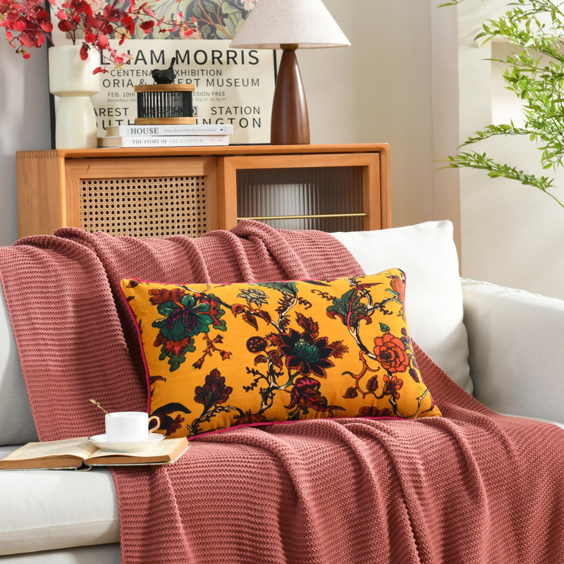 Floral Cotton Throw Pillow, Yellow