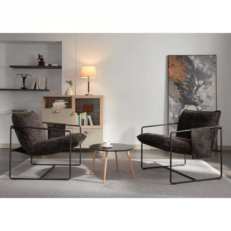 2 Chairs in 1 Box, Upholstered hanging armchair with arm pocket metal frame, Dark Gray Fabric, Black
