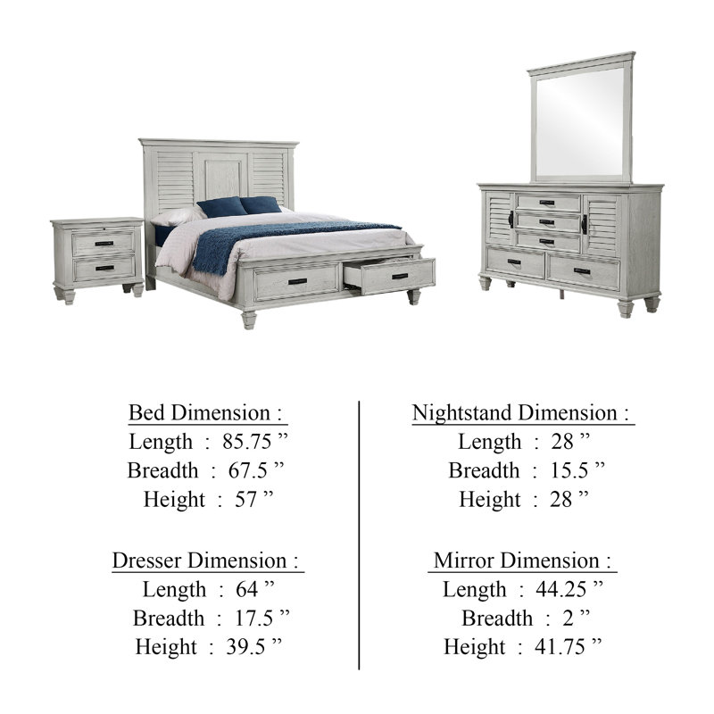 Ensemble de chambre avec grand lit 4 pièces Eli, rangement au pied de lit, bois blanc rustique, Grand, Blanc