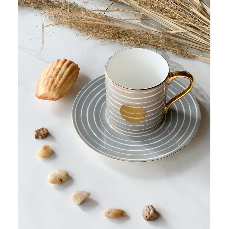 Cup with Saucer - 8 oz, Gray;White;Gold