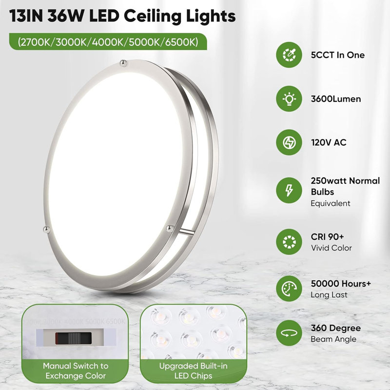 13" LED Flush Mount Ceiling Light Fixture, 3600LM, Modern Ceiling Light, Brushed Nickle Dimmable Ceiling Lamp for Living Room Kitchen,1 Pack