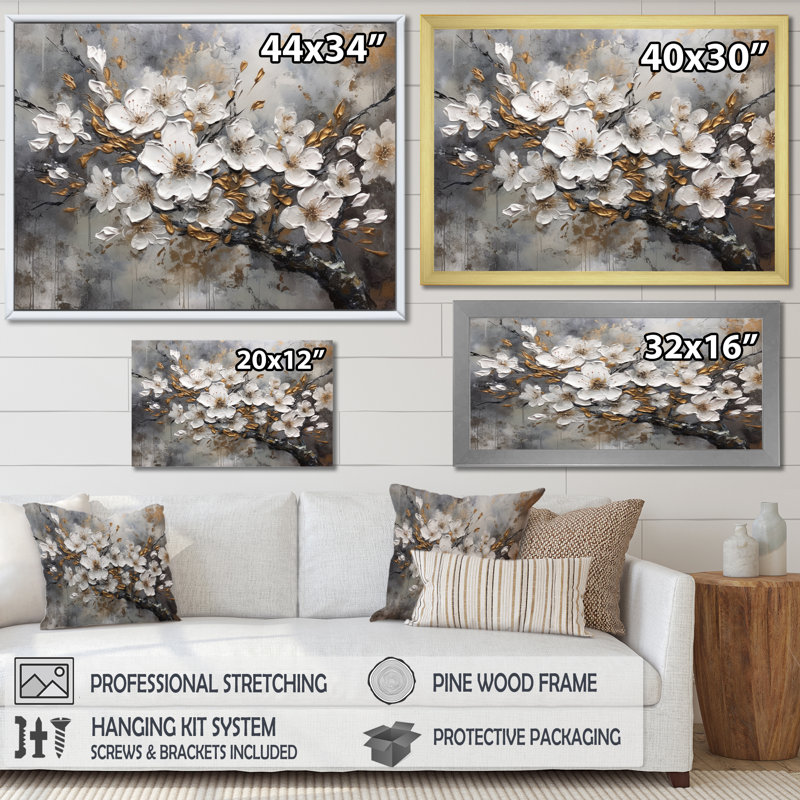 Harmonie I de cerisier blanc et gris - art mural floral pour le salon, H 30 po x l 40 po x P 1,5 po, Cadre simple noir