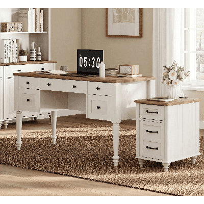 2 Piece Office Set Includes Executive Desk & Tall Side Table, Farmhouse Writing Desk with Charging Station, Wood End Table with Storage Cabinet for Study, Off White