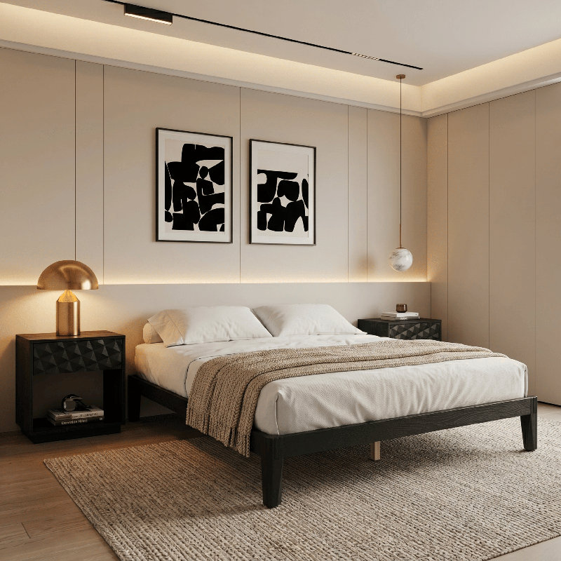 Structure de lit en bois massif NTC Sapa - Menuiserie japonaise minimaliste, pas de sommier tapissier, lattes silencieuses, assemblage facile