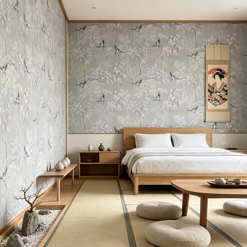 Elegant Grey Oriental Tree & Bird Wallpaper with Pearlescent Finish