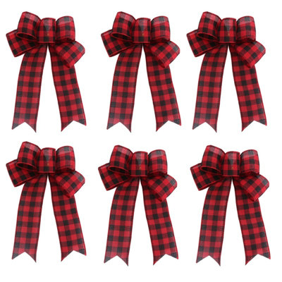 6 Pieces Burlap Christmas Decorative Bows, Handmade Bow Christmas Tree Toppers, Christmas Home Decorations, Red, White and Black Plaid