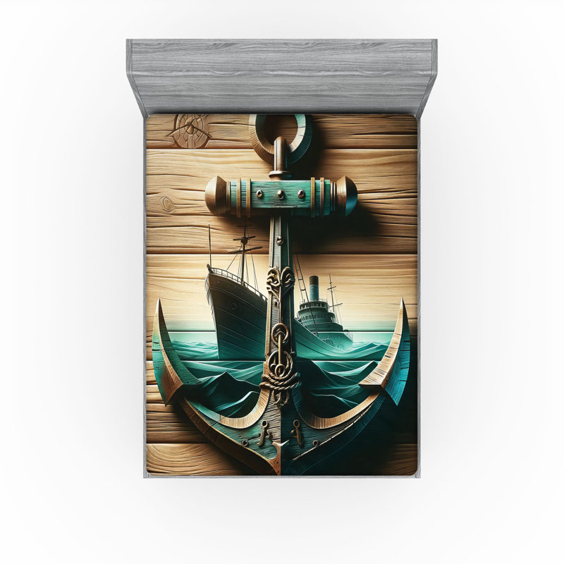 Drap-housse nautique Ambesonne_ Ancre avec voilier_ Sable brun foncé, Très grand californien
