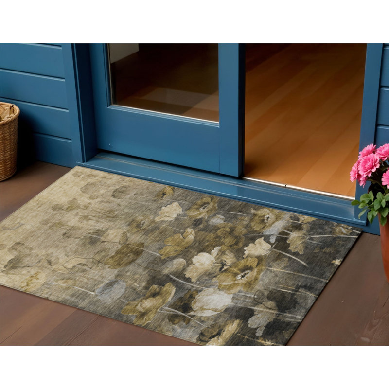 Tapis extérieur lavable floral beige et brun clair 3 pi x 5 pi