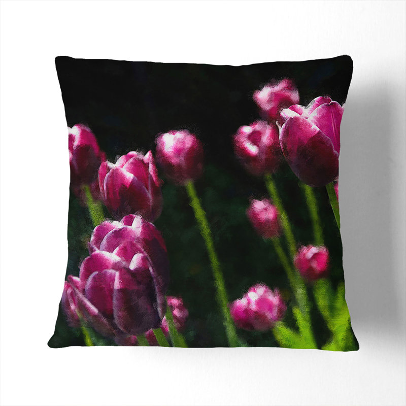 Pink Tulip Flowers Painting Square Throw Cushion, 40cm H x 40cm W x 15cm D, Stone