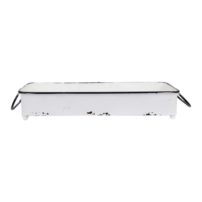 Baylie Decorative Metal Tray with 2 Handles and Distressed Finish, White