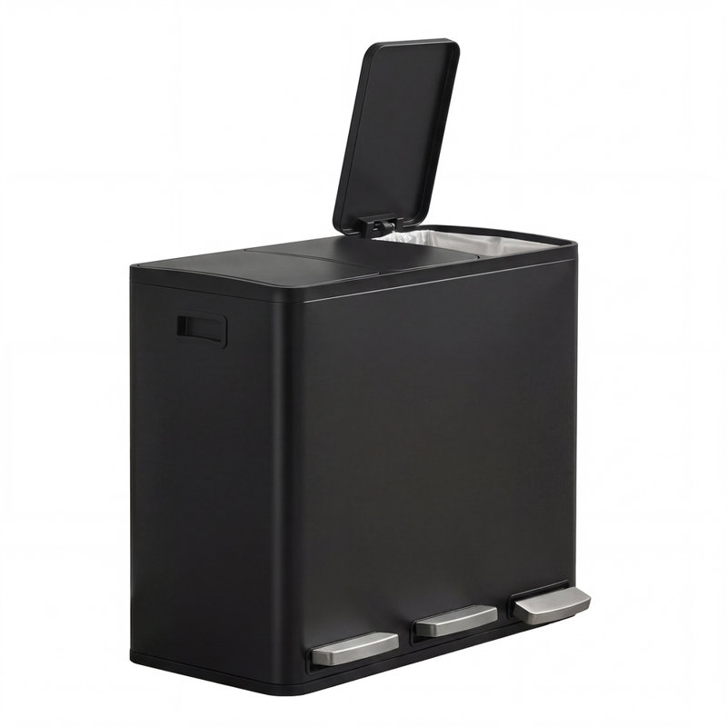 62×35.3×54cm Stainless Steel Step On Multi-Compartment Rubbish & Recycling Bin - 54L, Black