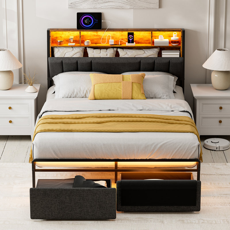 Ivy Bronx Bed Frames With Dustproof Storage Drawer, Ergonomic Hidden Storage Headboard With Charging Station, Upholstered Led Platform Bed, No Box Spring Needed, Easy Assembly