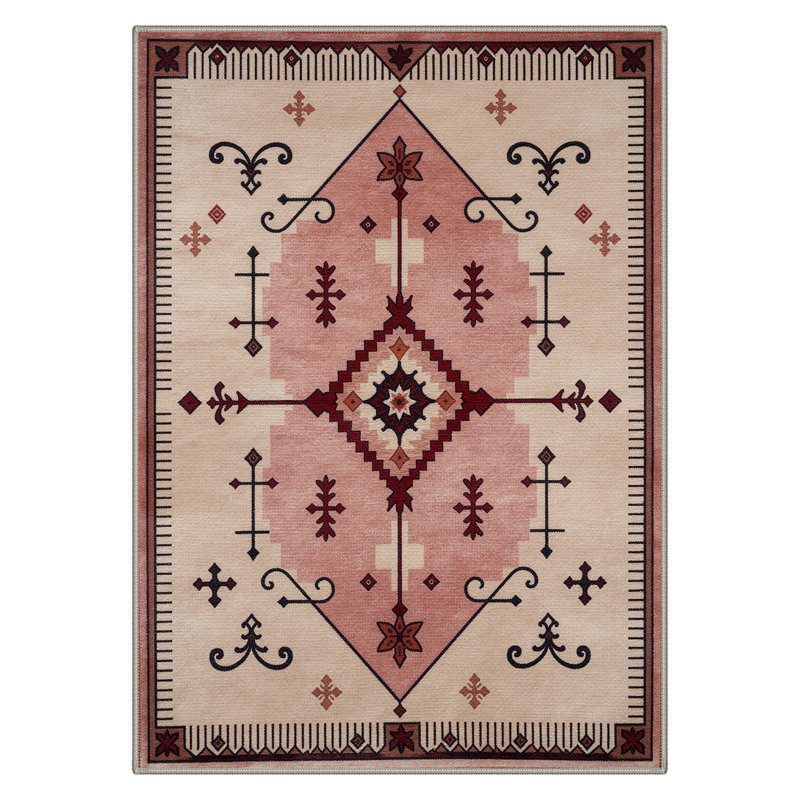 Boho Geometric Machine Washable Pink / Beige Indoor Area Rug with Non-Slip Backing, Rectangle 8' x 10'