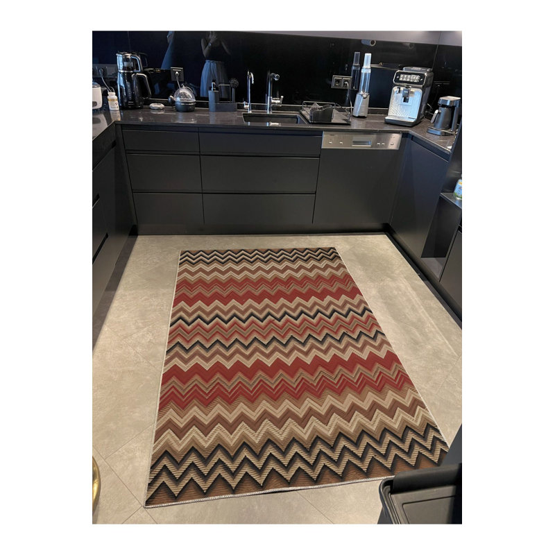 Dark Themed Multi Colored Zigzag Geometric Patterned Modern Decorative Rug Machine Washable, Runner 3'3" x 6'7" 