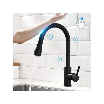 Touch On Kitchen Sink Faucet, Matte Black High Arc Pull Down Sprayer Faucet, Single Handle 360 Degree Rotation Water Tap for Kitchen Sink