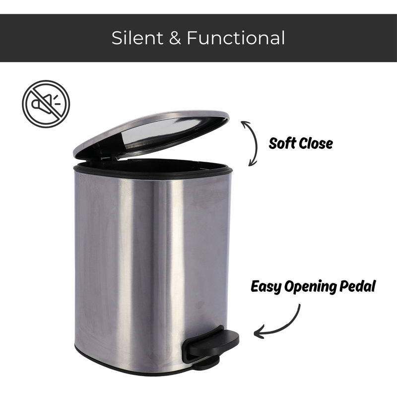 Large Chrome Metal Trash Can with Silent Soft Close Lid and Foot Pedal