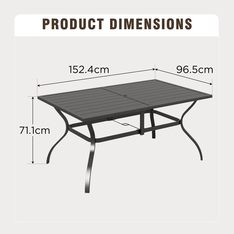 Rectangular Metal Outdoor Dining Table With Umbrella Hole , 152cm cm W 89cm cm D