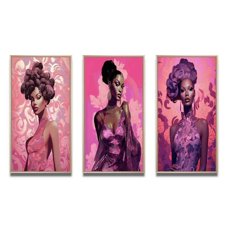 Ensemble d'imprimés 3 pièces - modèle rétro glamour en rose magenta III, Cadre naturel flottant, H 28 po x l 36 po