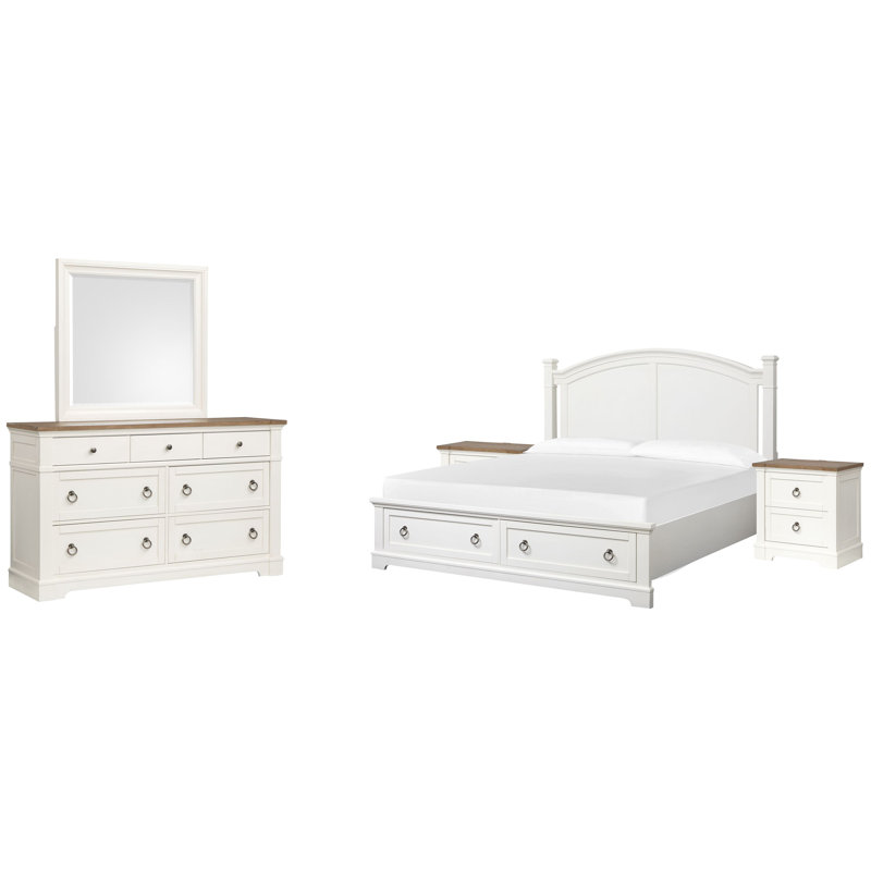 Grand lit à panneaux avec 2 tables de chevet et commode avec miroir, 5 Pcs: Bed, 2 Nightstands, Dresser, Mirror, Grand