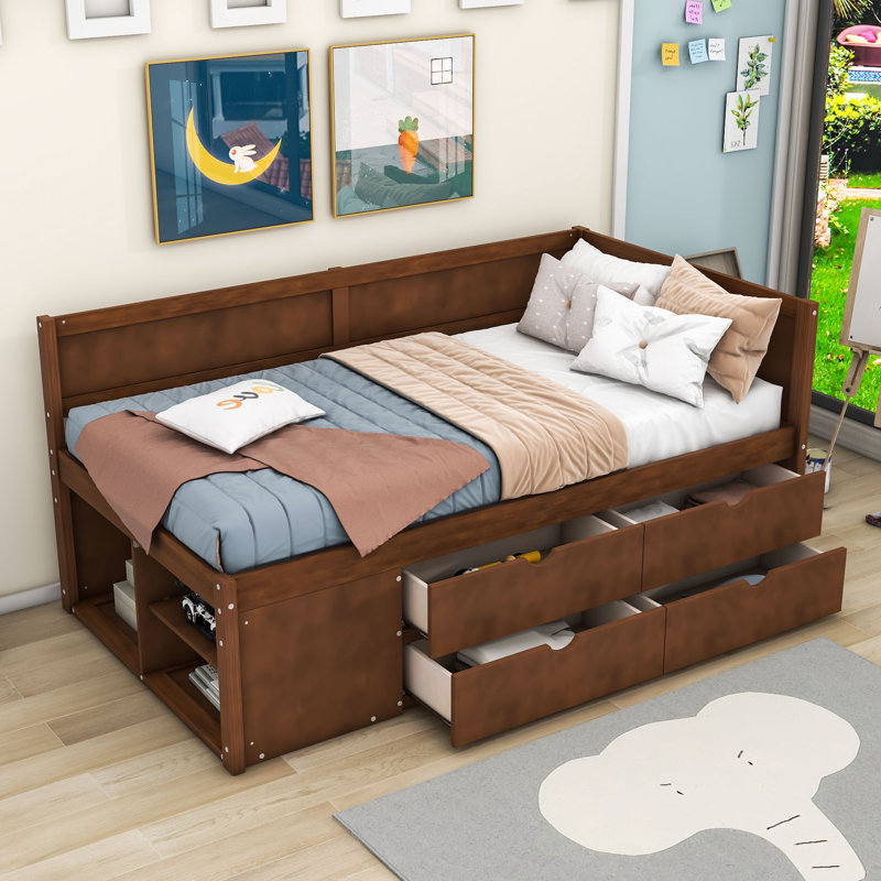 Wood Daybed with Drawers and Shelves, Twin, Walnut