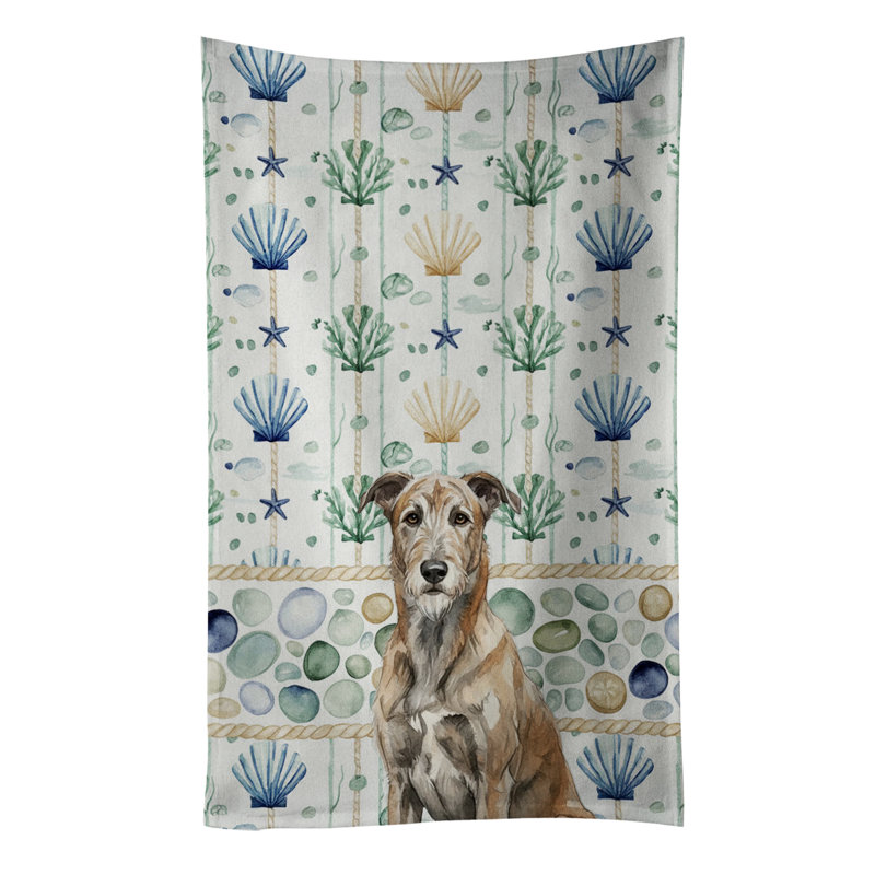Brindle Irish Wolfhound Coastal Sea Glass Kitchen Towel, Brindle Irish Wolfhound