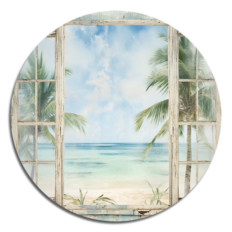 Fenêtre de plage tropicale Horizon II - bord de mer, art en métal rond, H 23 po x l 23 po