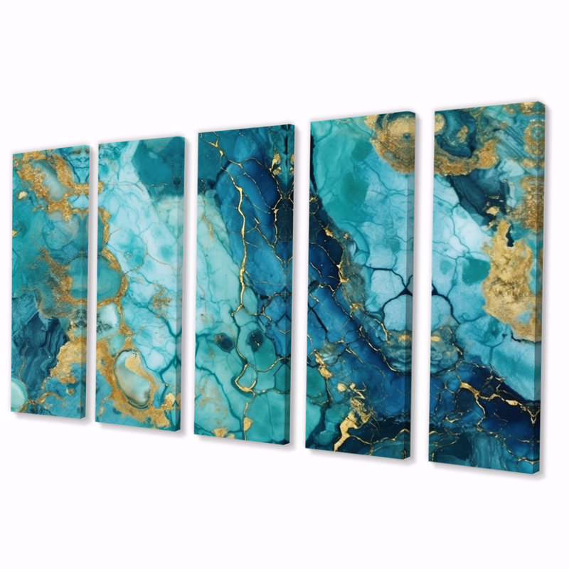 Turquoise luxueux, abstrait, art fluide, impression d'art abstrait - 5 panneaux égaux