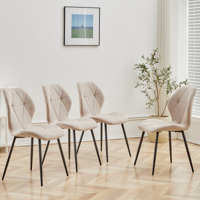 Modern Simple Round Solid Wood Dining Table Set - Set Of 4 Diamond Pattern Velvet Dining Chairs - Metal Legs - For Living Room/Bedroom