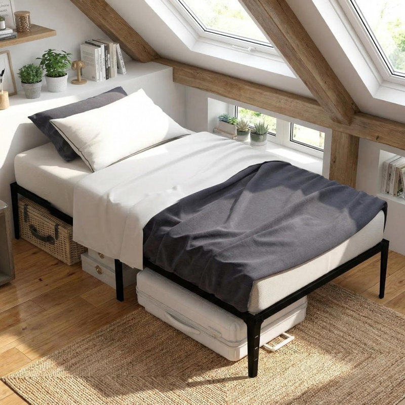 Structure de lit simple en métal avec rangement sous le lit, sommier robuste