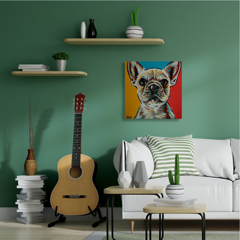 Chiot de style Chroma avec petit chiot rouge, jaune et bleu, Toile tendue, H 30 po x l 30 po x 1,5 po