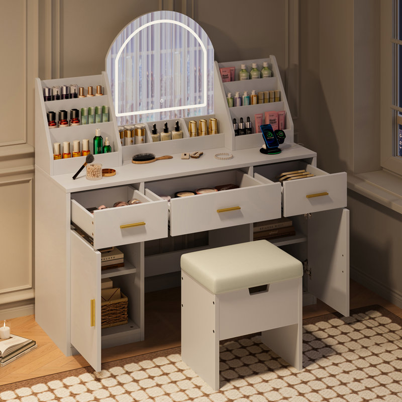 Coiffeuse de maquillage avec miroir, station de charge et tabouret de rangement