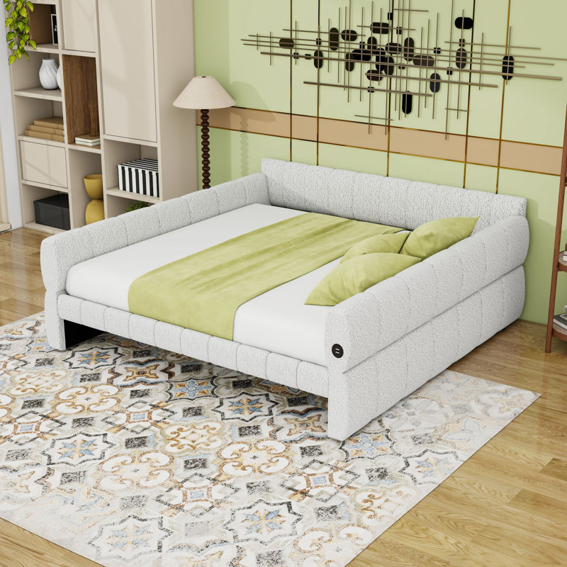 King Size Upholstered Daybed with USB Charging Armrests, White
