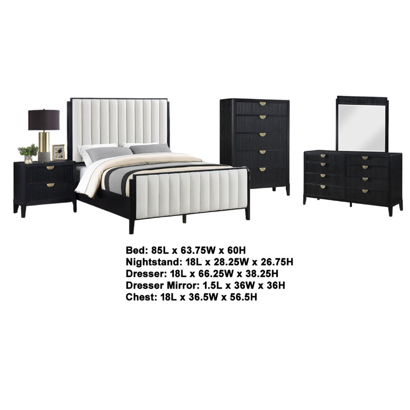 Ensemble de chambre à coucher grand lit Jack, 5 pièces, noir, capitonnage vertical ivoire capitonné, Grand lit