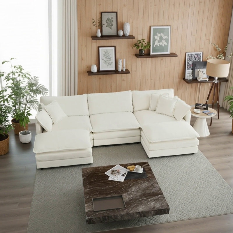 Canapé modulaire en U avec repose-pieds réversible, canapé d'angle convertible 5 places, canapé moderne minimaliste doux pour le salon, blanc