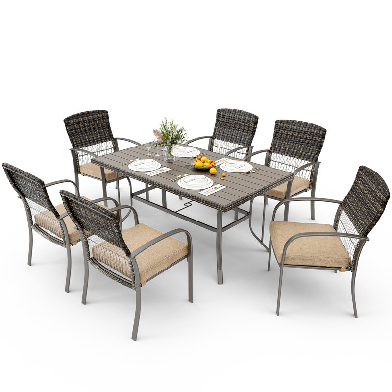 Hainer 6 - Person Wicker Patio Dining Set with Rectangular Table , Cushions Included, Beige, Brown