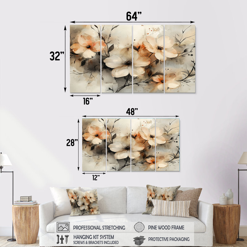Racines du cornouiller Dream II - art mural cornouiller - ensemble d'art mural traditionnel, H 28 po x l 48 po, 4