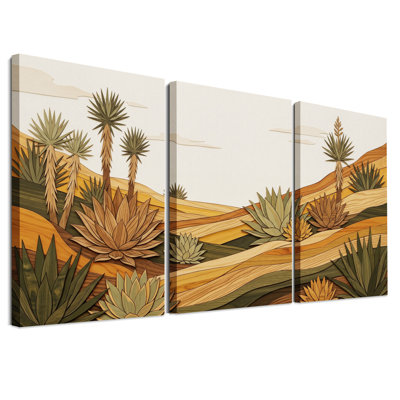Ensemble de 3 toiles murales représentant un paysage désertique en bois stratifié avec des agaves