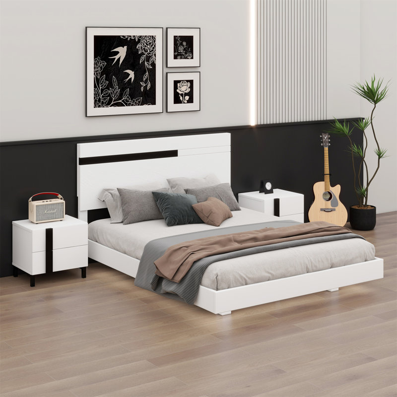 Modern High Gloss 3-Piece Bedroom Set Floating Bed Frame Platform Bed With LED Light & 2 Nightstands