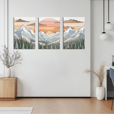 Paysage de montagne coucher de soleil sur toile tendue, reproduction d'art sur toile, ensemble de 3