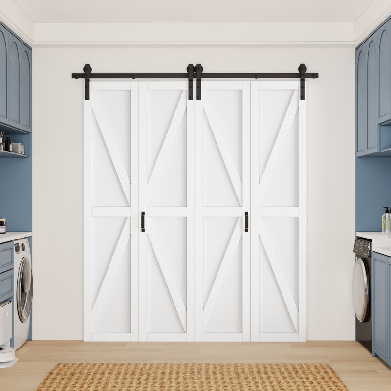Porte de grange pliante double blanche en forme de K, à âme pleine, 72 po x 84 po, avec trousse de quincaillerie d'installation (idéale pour garde-robe, garde-manger, buanderie et autres).
