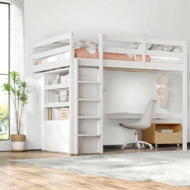 Lit mezzanine en bois peu encombrant avec rangement spacieux, blanc moderne